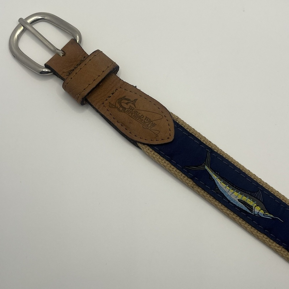 World Wide Sportsman Navy Blue Fishing Belt SZ 32 Solid Brass Buckle Made In USA - Picture 4 of 14